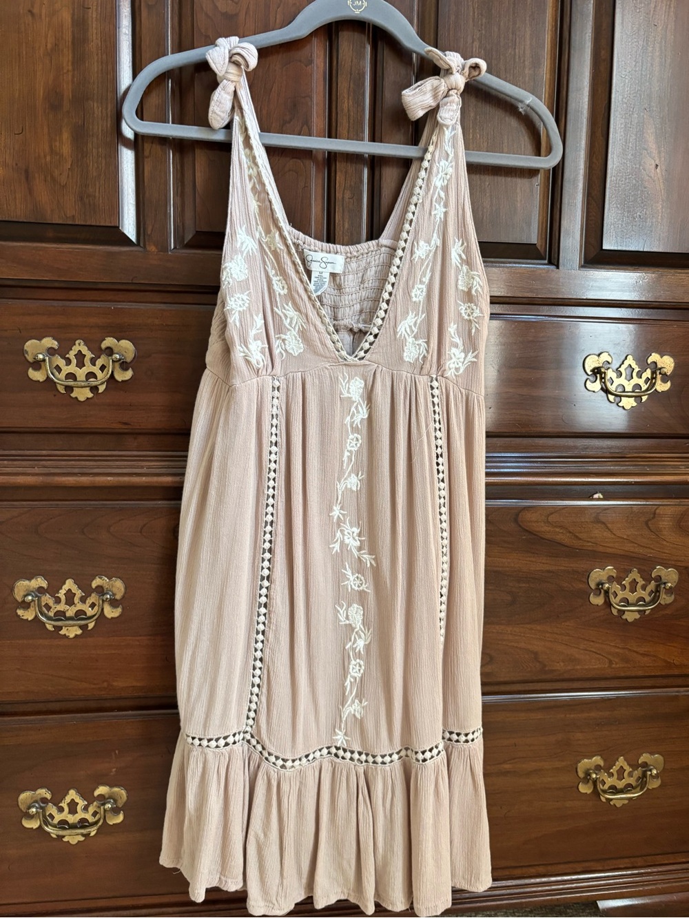 Boho Tie-Shoulder Embroidered Women’s Dress in Tan